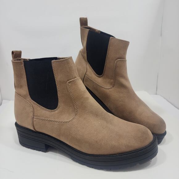 Old Navy Brown Ankle Boots Pull On Chelsea Taupe Faux Suede Block Heels Size 9 - Picture 1 of 5